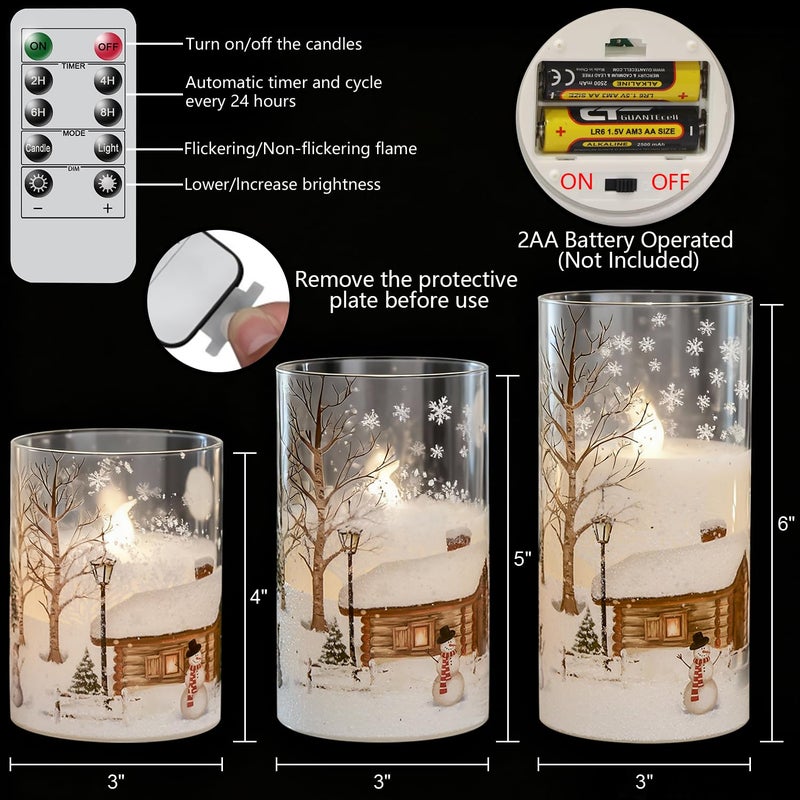 DRomance Snowman Glass Flameless Candles Battery Operated with Remote and Timer Real Wax LED Flickering Pillar Candles White Cold Light Window Christmas Holiday Decor D3 x 4",5",6" - Image 2